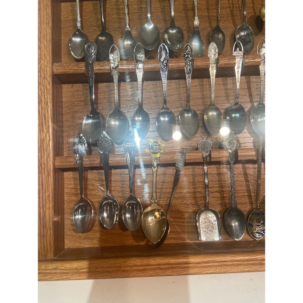 Collectible Souvenir Spoons with Wooden Display Case 44 Spoons Total